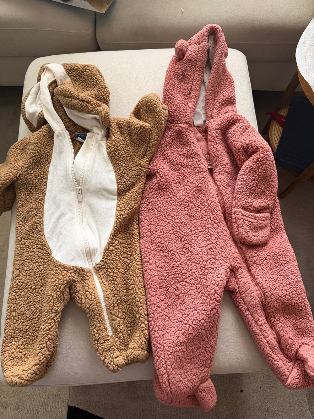 Bundle - lot of 2 baby fleece sherpa bear bunting suits hooded pral rompers